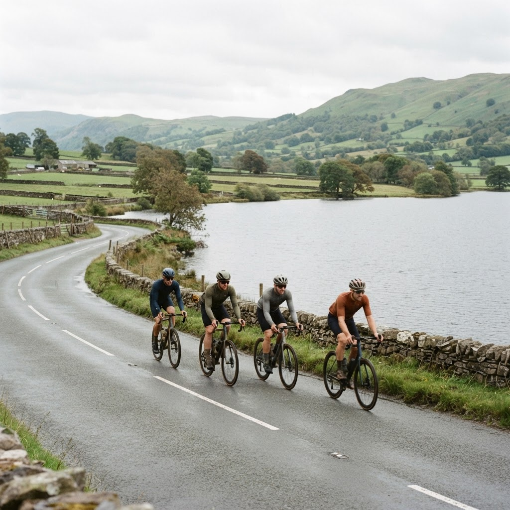 Group of cyclists riding together on a paved trail