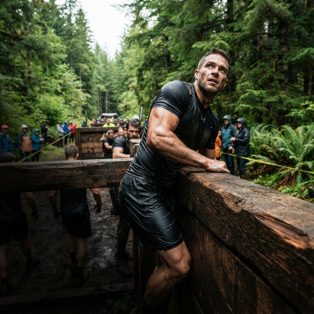 Athlete navigating a timber obstacle during a forest race