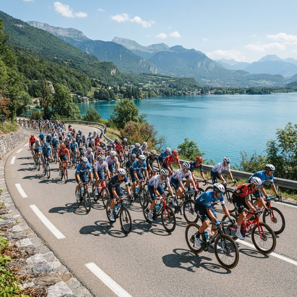 Peloton of cyclists riding a lakeside road on a clear day