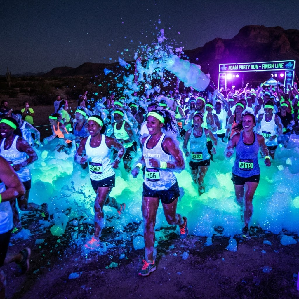 Runners moving through colorful glowing foam at night