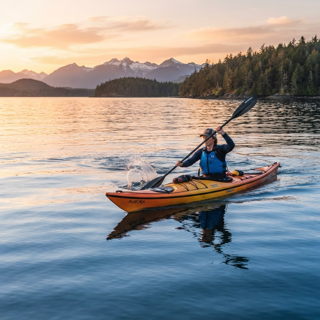 Kayaker paddling on Puget Sound at sunset