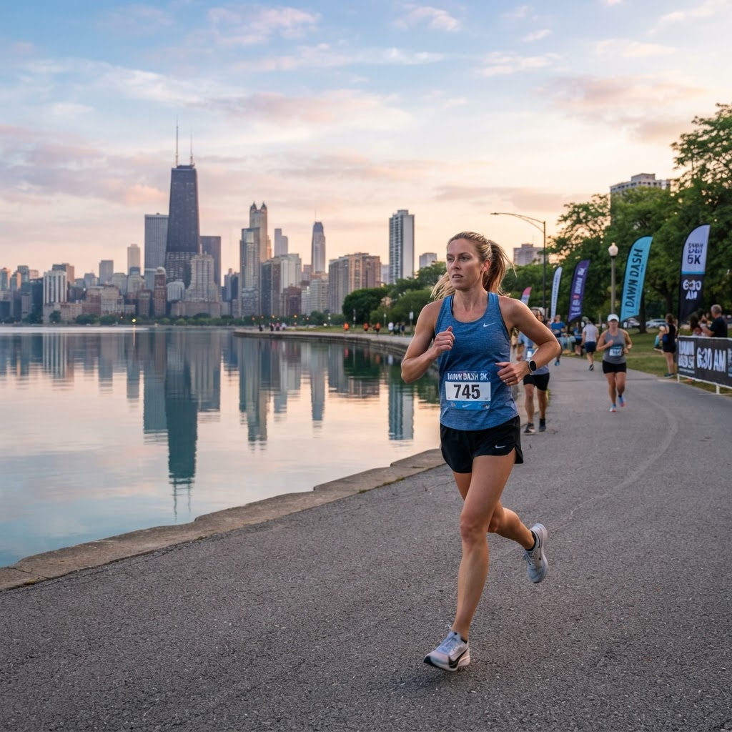 Runner along a waterfront path in the early morning