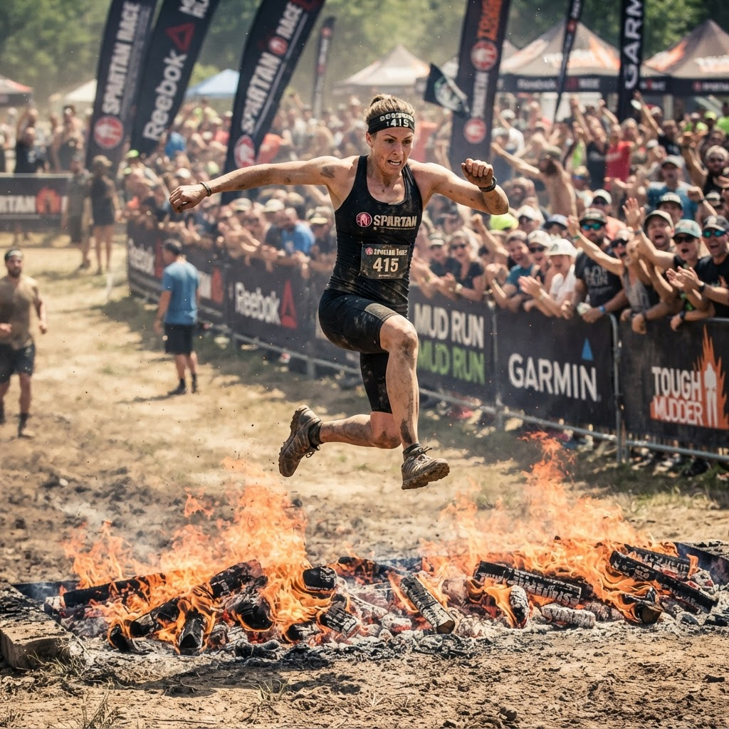 Athlete leaping over a fire jump at a Spartan Sprint race