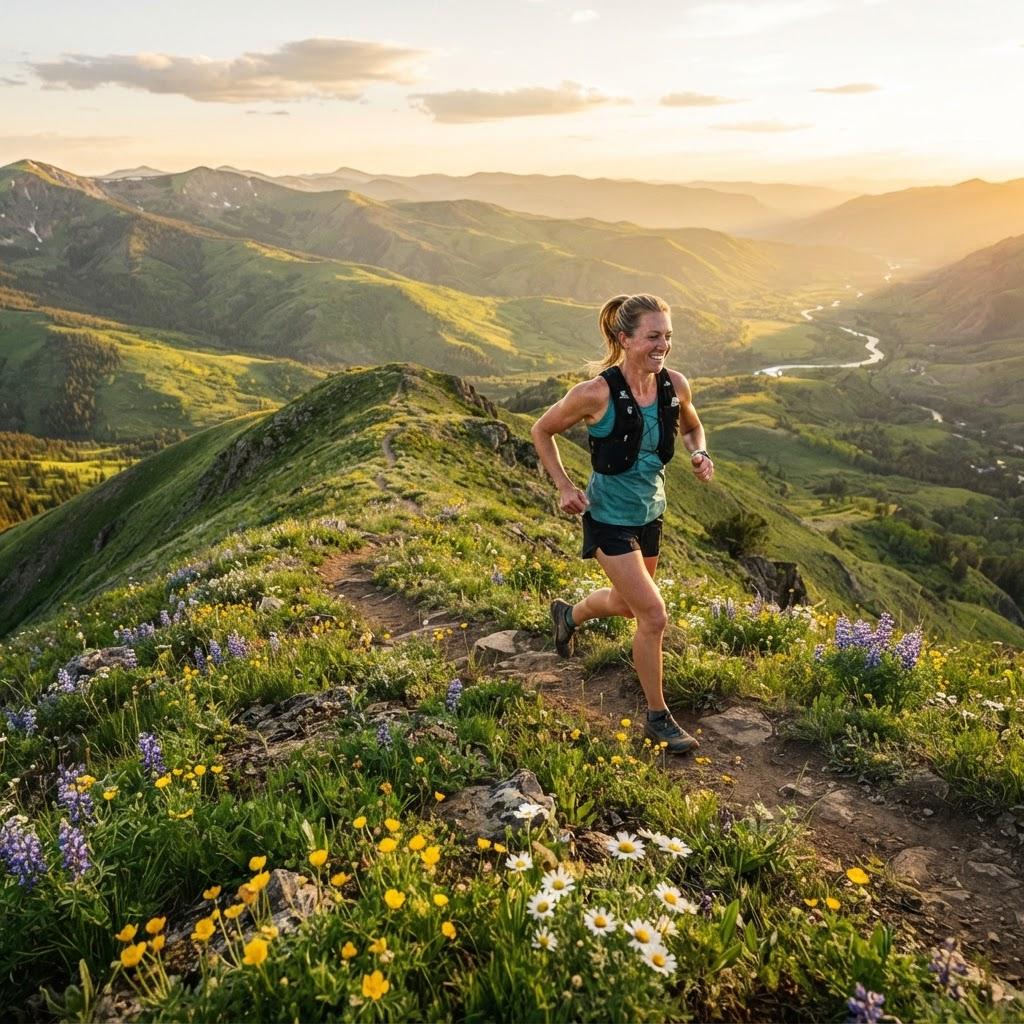 Trail runner crossing a mountain ridge at golden hour