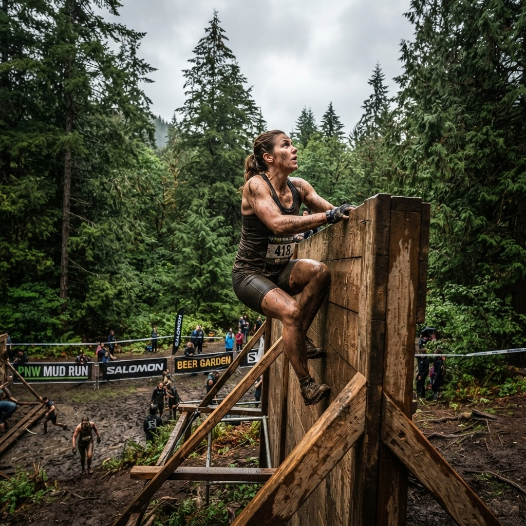 Competitor climbing a tall wooden wall on a forested obstacle course