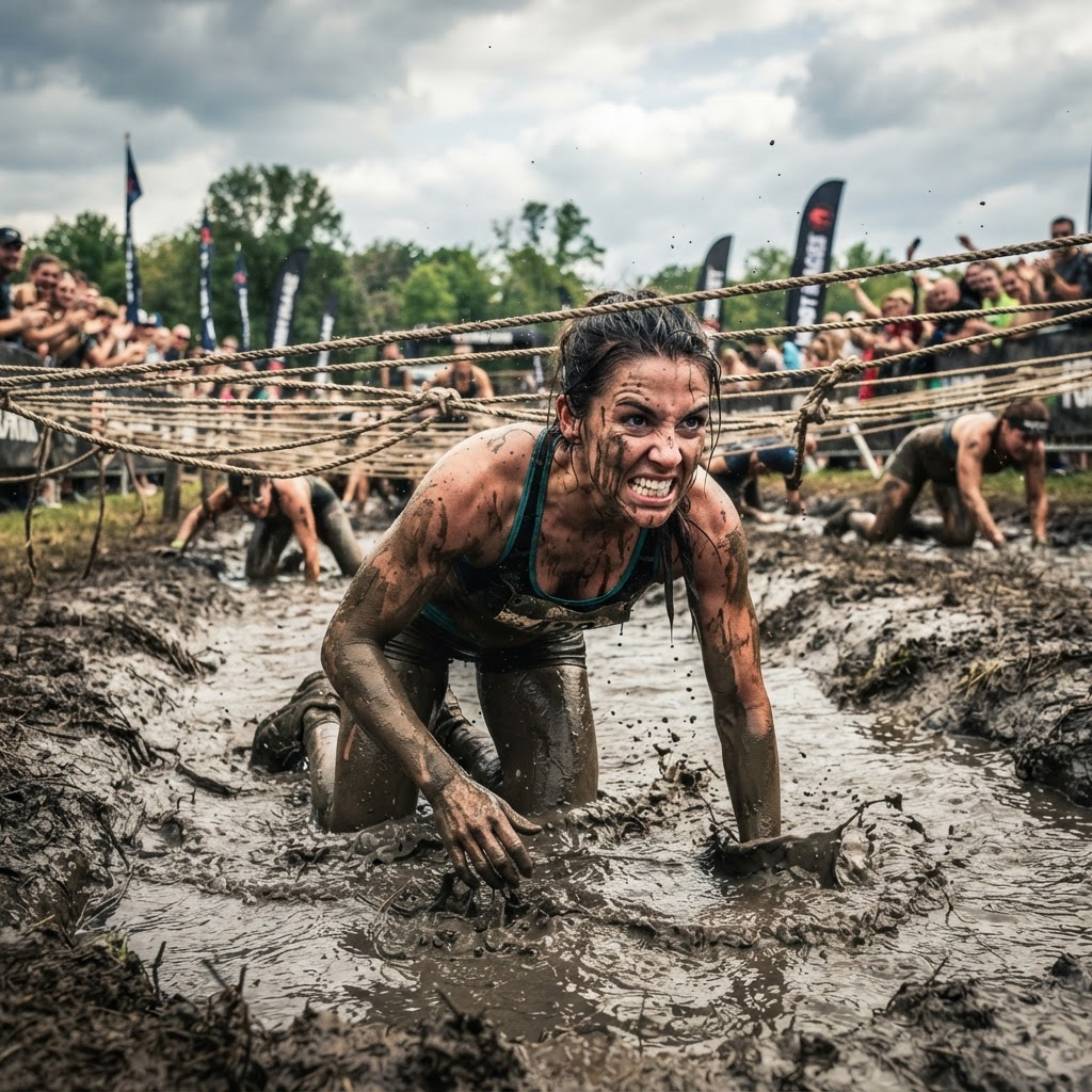 Athlete crawling through a muddy obstacle course
