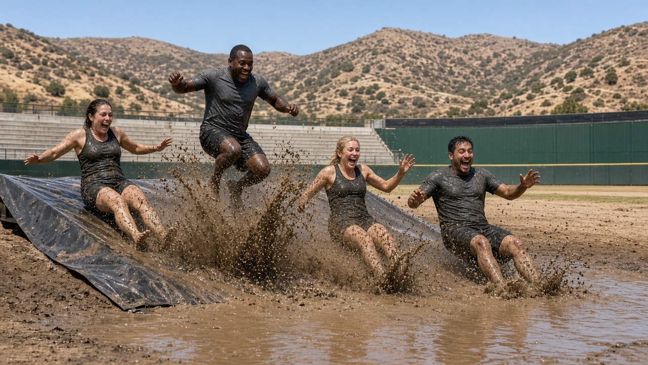 Adults sliding into muddy water inside a ballpark outfield course