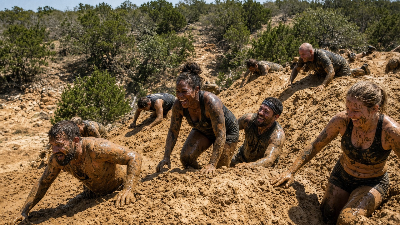Adults scrambling up a clay bank on a hill-country motocross track