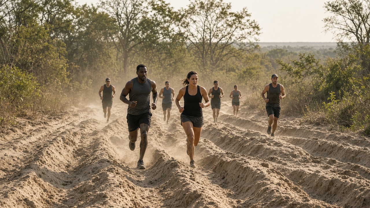 Adult racers crossing rutted off-road terrain at a Midwest riding park