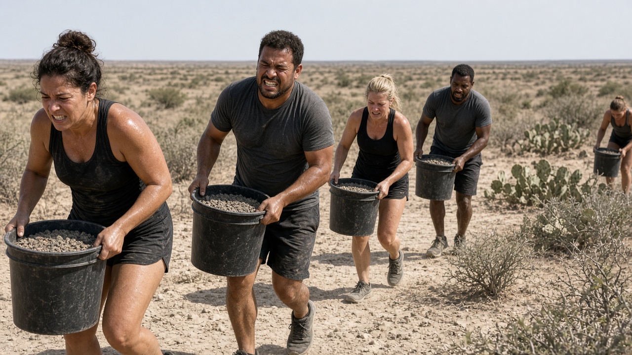 Adult racers carrying buckets across flat mesquite scrub ranch land