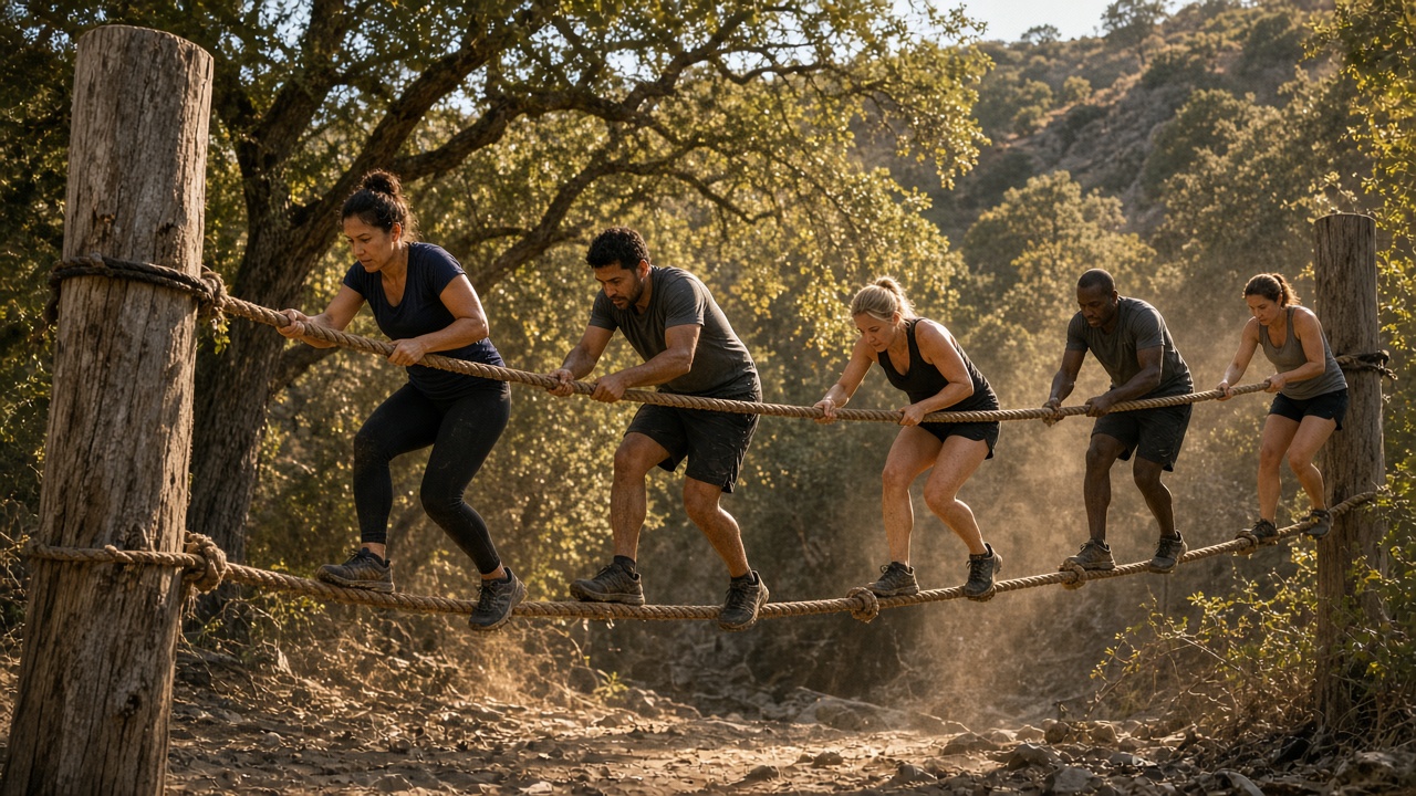 Adult racers on a rope obstacle in a dry oak canyon