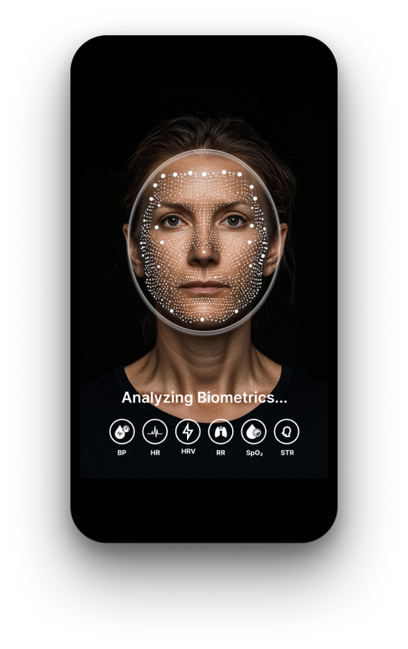 A face scan in progress on a phone, with biometric tracking points across the face
