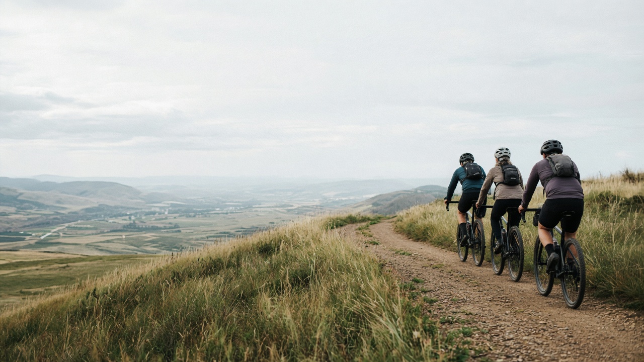 Two riders climbing a grassy ridge trail as the sun sets over the mountains