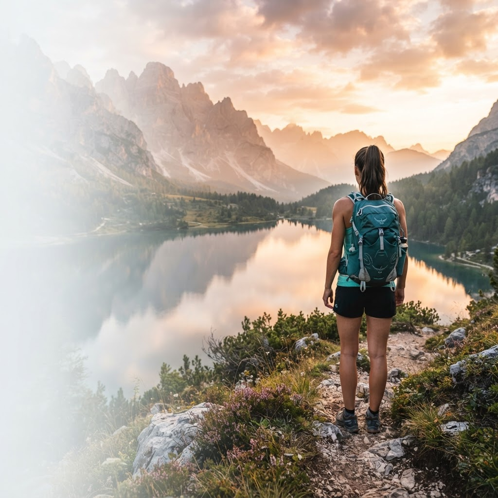 Hikers on a forest trail with mountain views in the distance