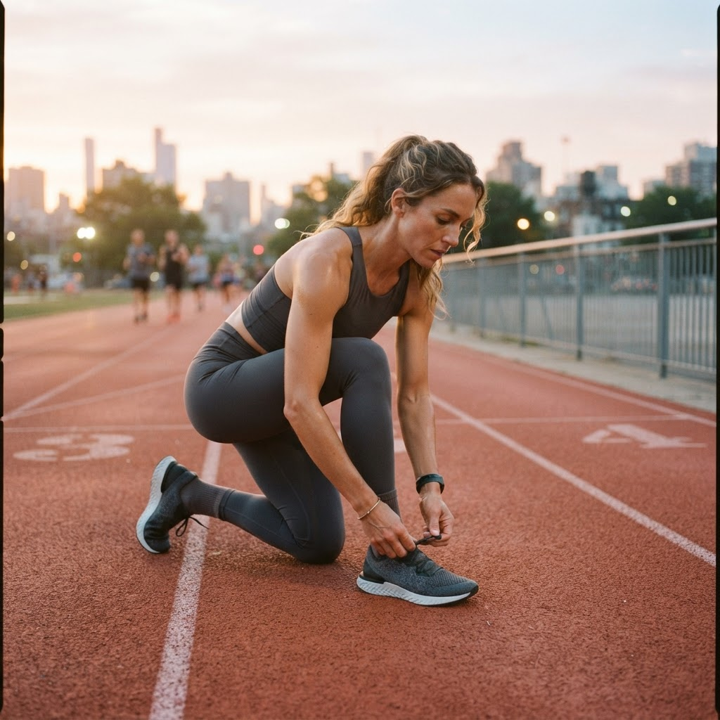 Runner tying training shoes on an urban track at sunrise