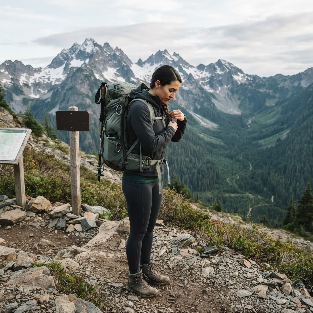 Hiker adjusting a backpack at a mountain trailhead