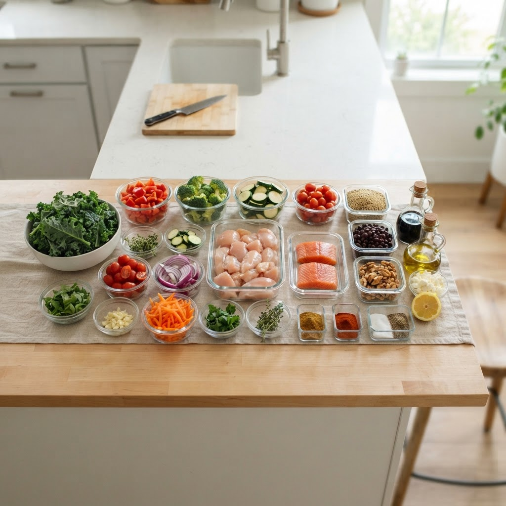 Fresh portioned meal-kit ingredients on a kitchen counter