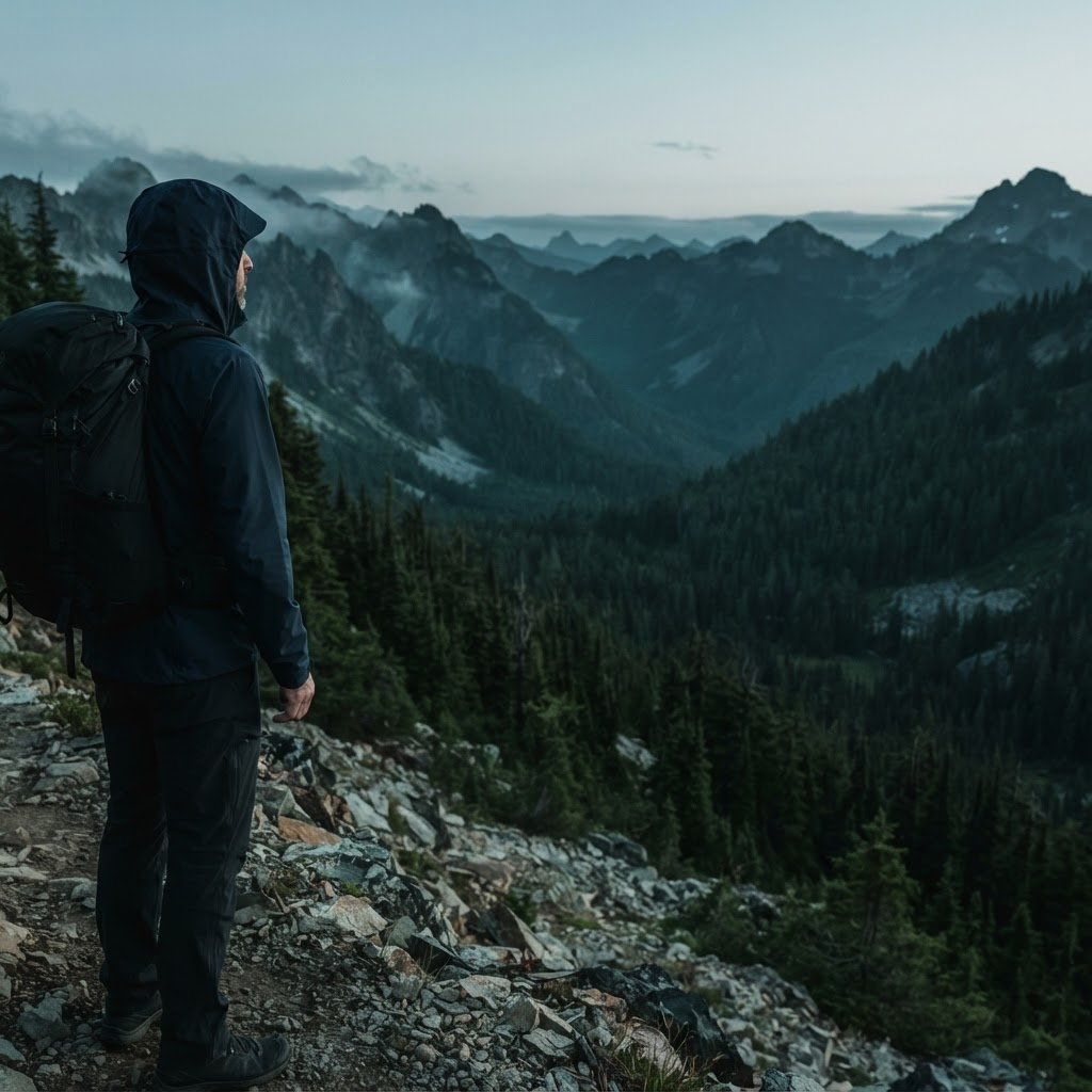 Male hiker overlooking a forested mountain valley