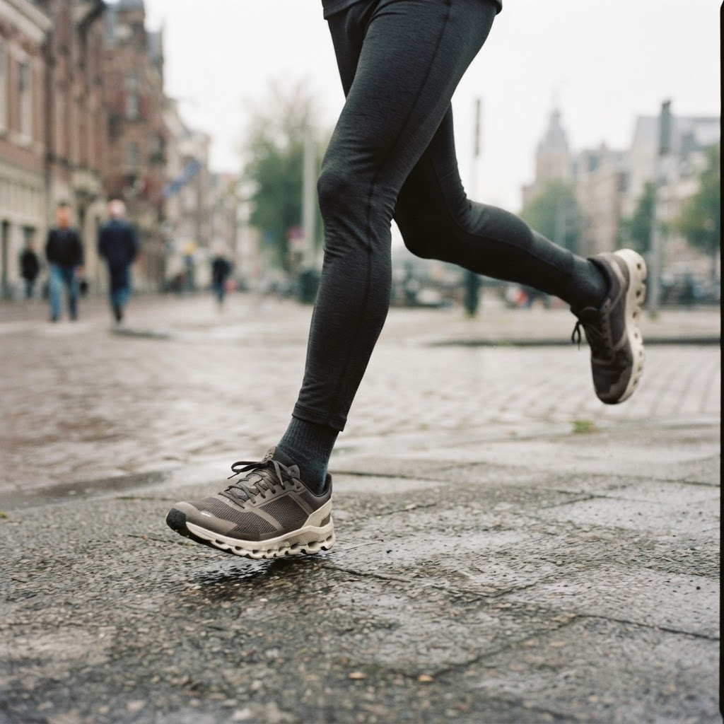 Running shoes mid-stride during a morning city run