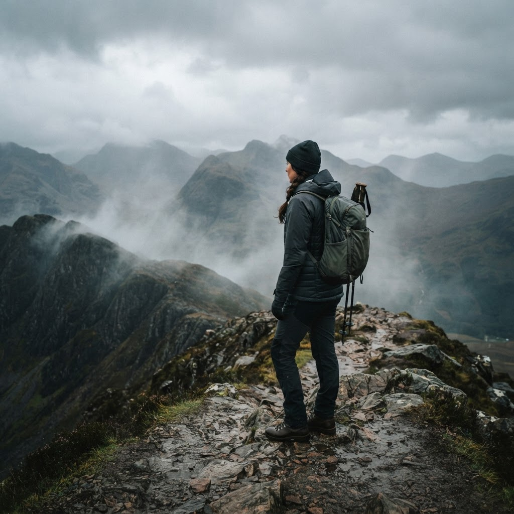 Hiker in a layered jacket on a misty mountain ridge