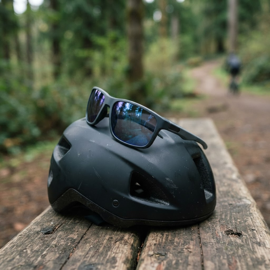 Performance sunglasses beside a cycling helmet