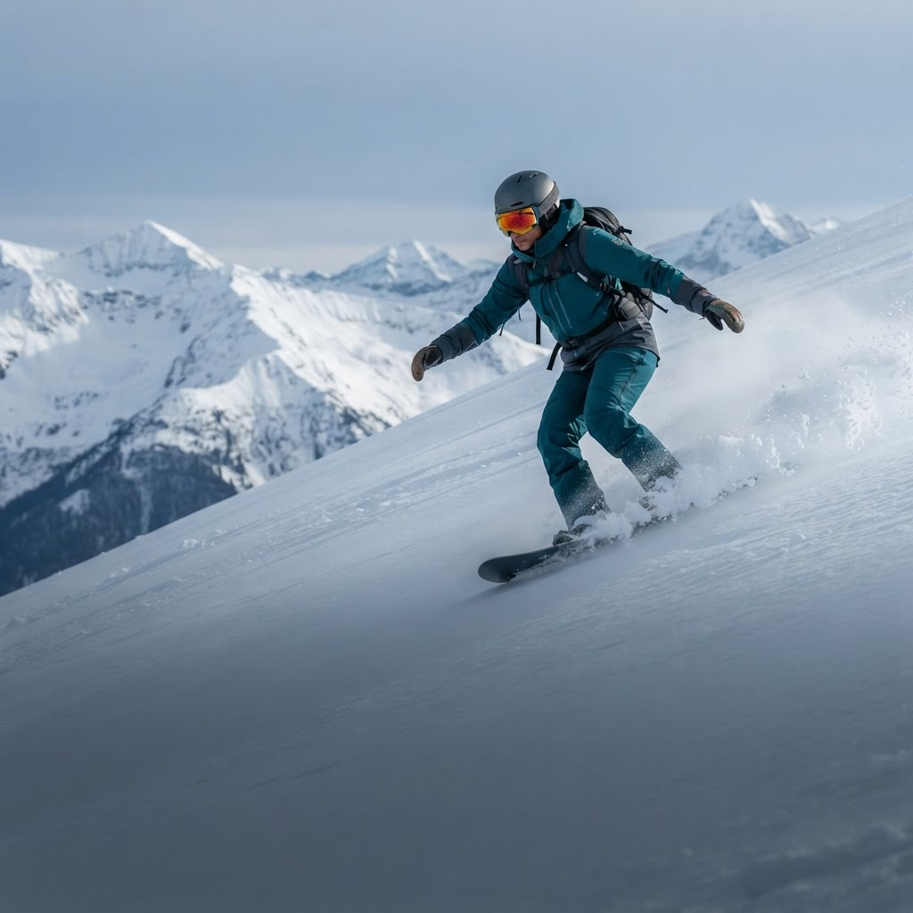 African American woman snowboarding down an alpine mountain slope