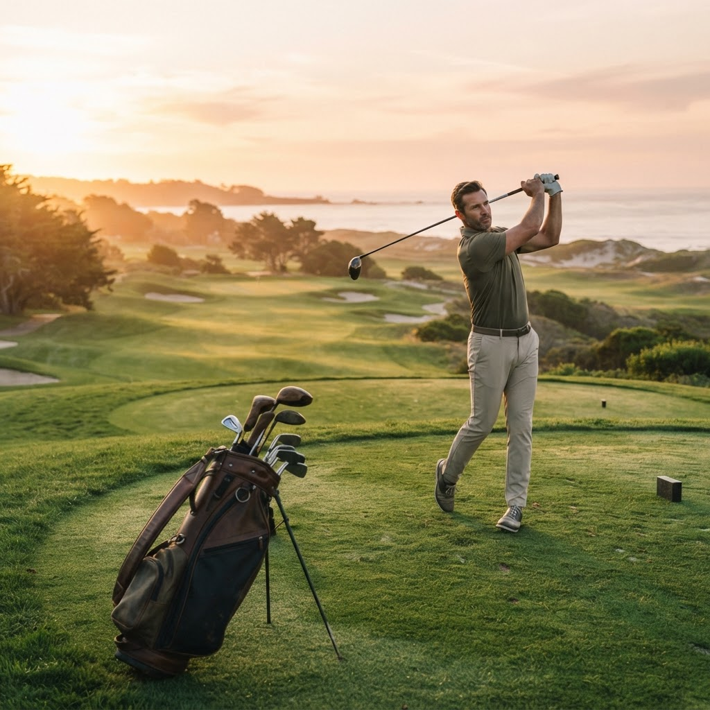 Golfer mid-swing on a green golf course at golden hour