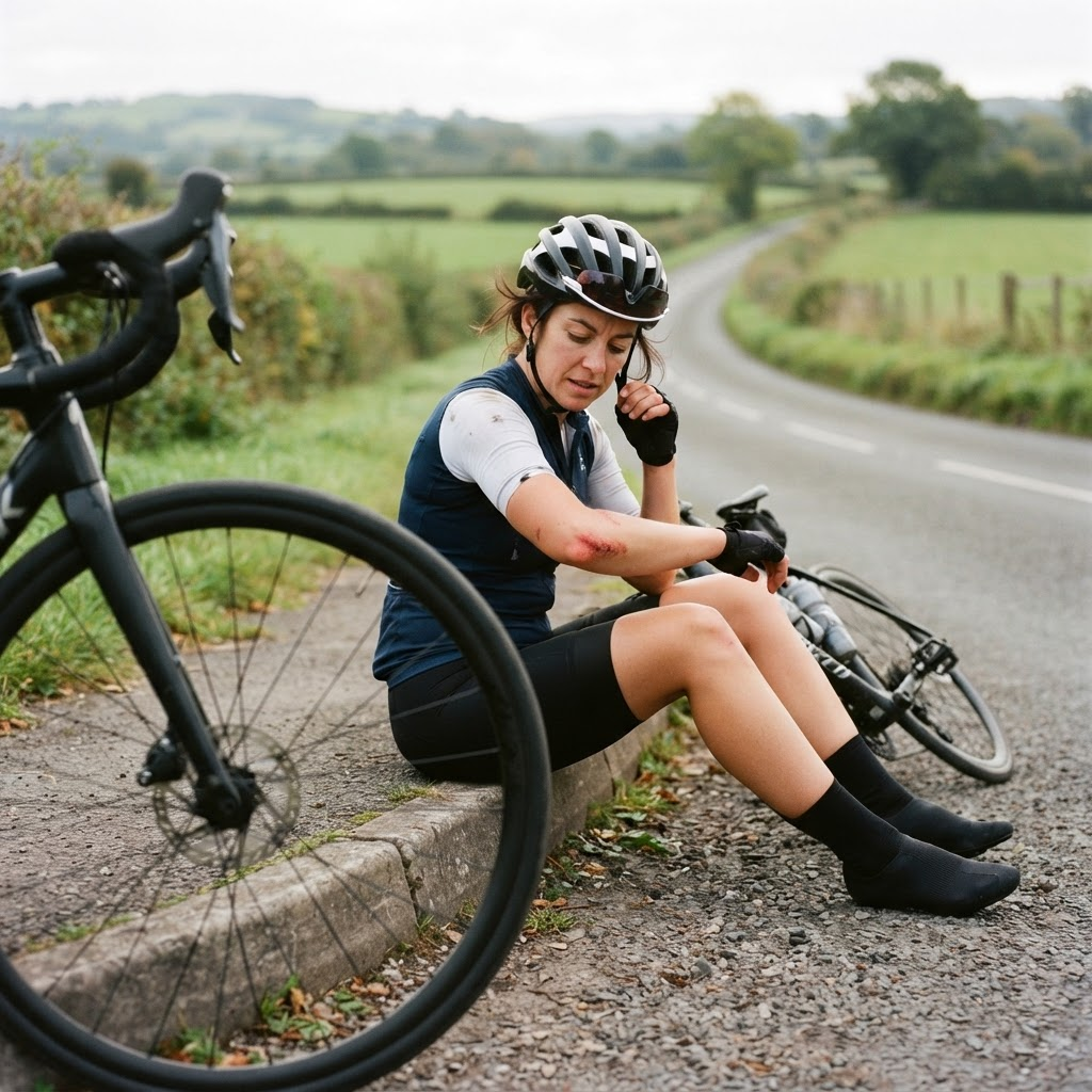 Cyclist pausing beside a road bike after a ride