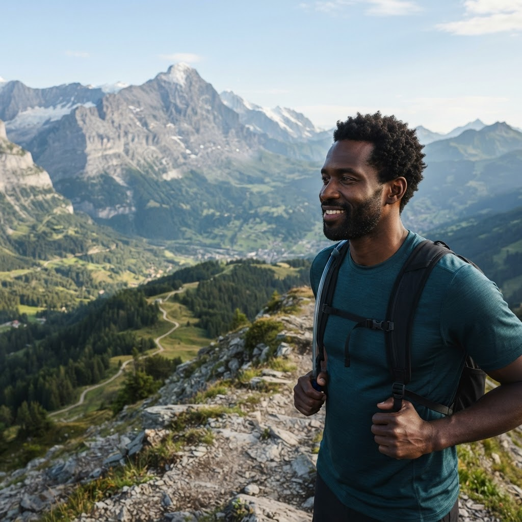 African American man hiking on a rocky alpine ridge above a mountain valley