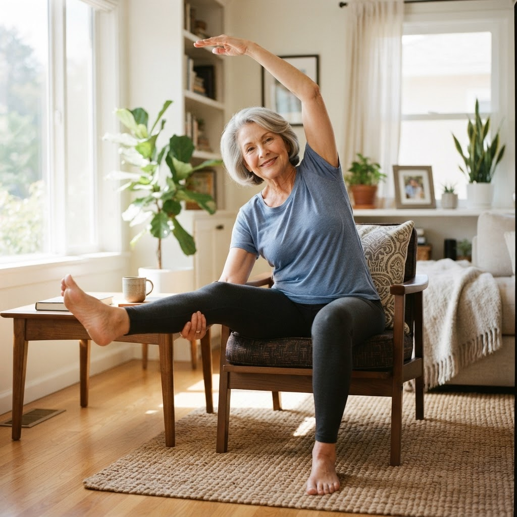 Older adult doing a gentle stretching exercise at home