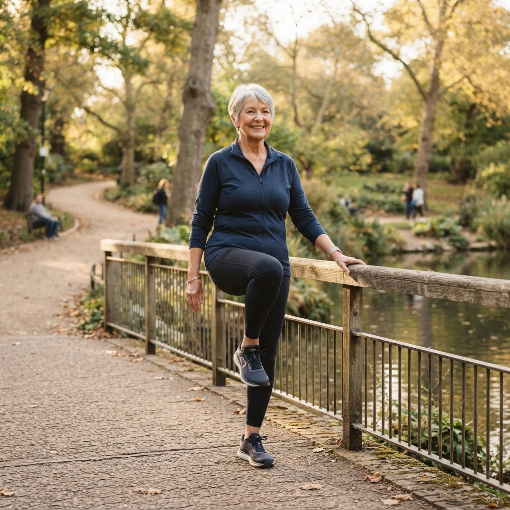 Older adult practicing a standing balance exercise outdoors