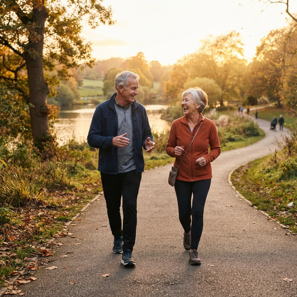 Two active adults walking briskly together outdoors