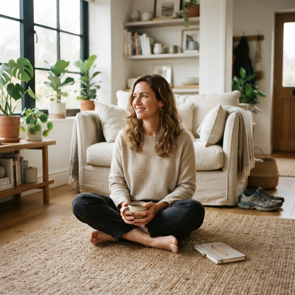 Active adult reviewing household finances in a bright living room
