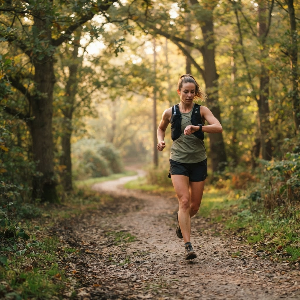 Person jogging on a quiet tree-lined path while checking a fitness watch