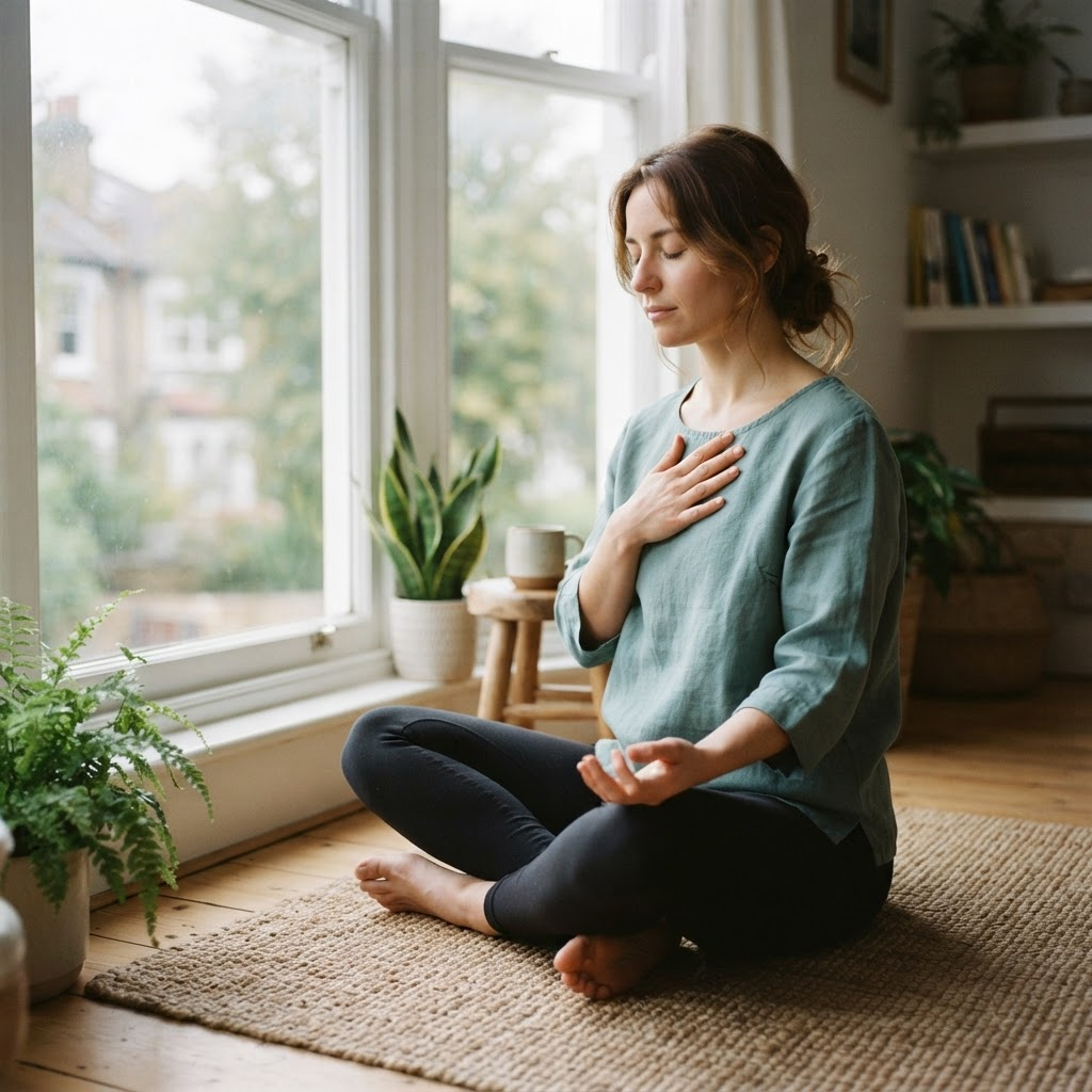 Person practicing slow, controlled breathing seated on a mat by a window
