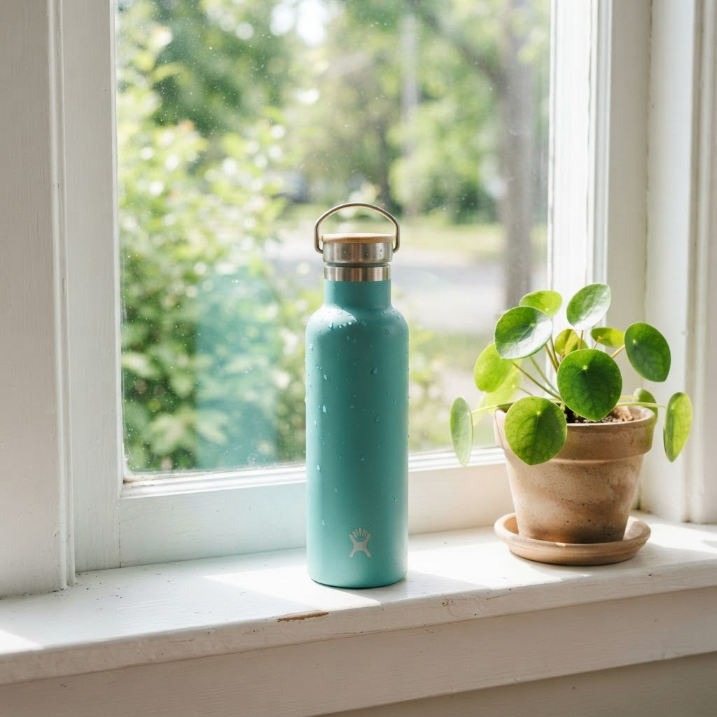 Reusable water bottle resting on a sunlit windowsill