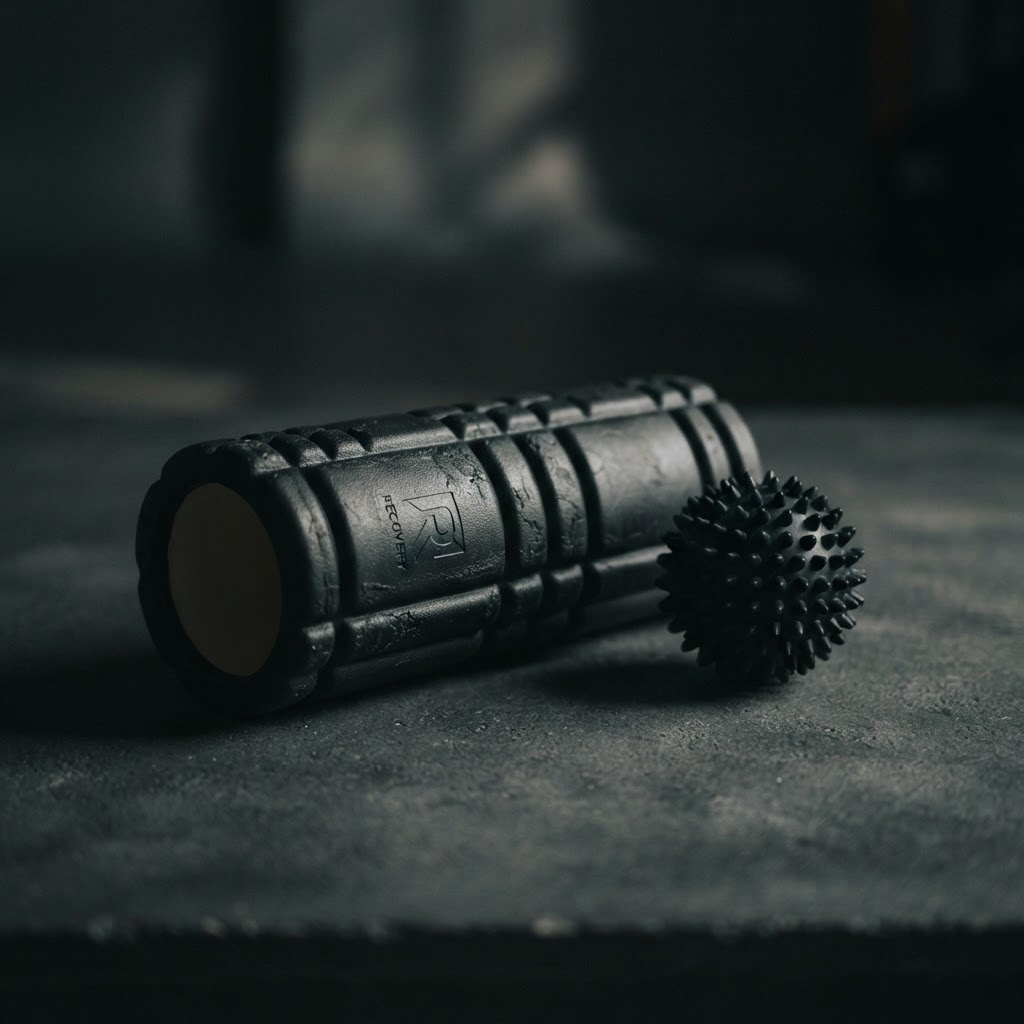 Foam roller and massage ball laid out for a mobility routine
