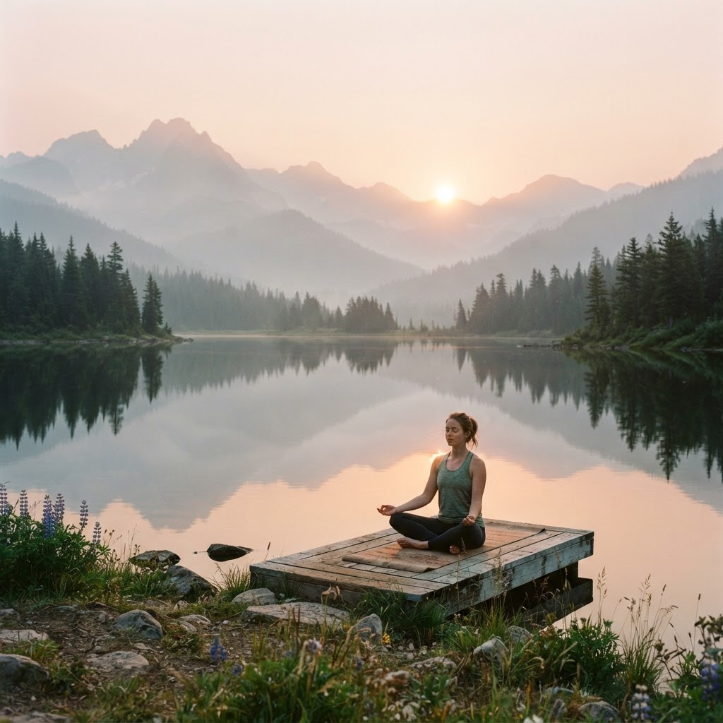 Person meditating beside a calm mountain lake at sunrise