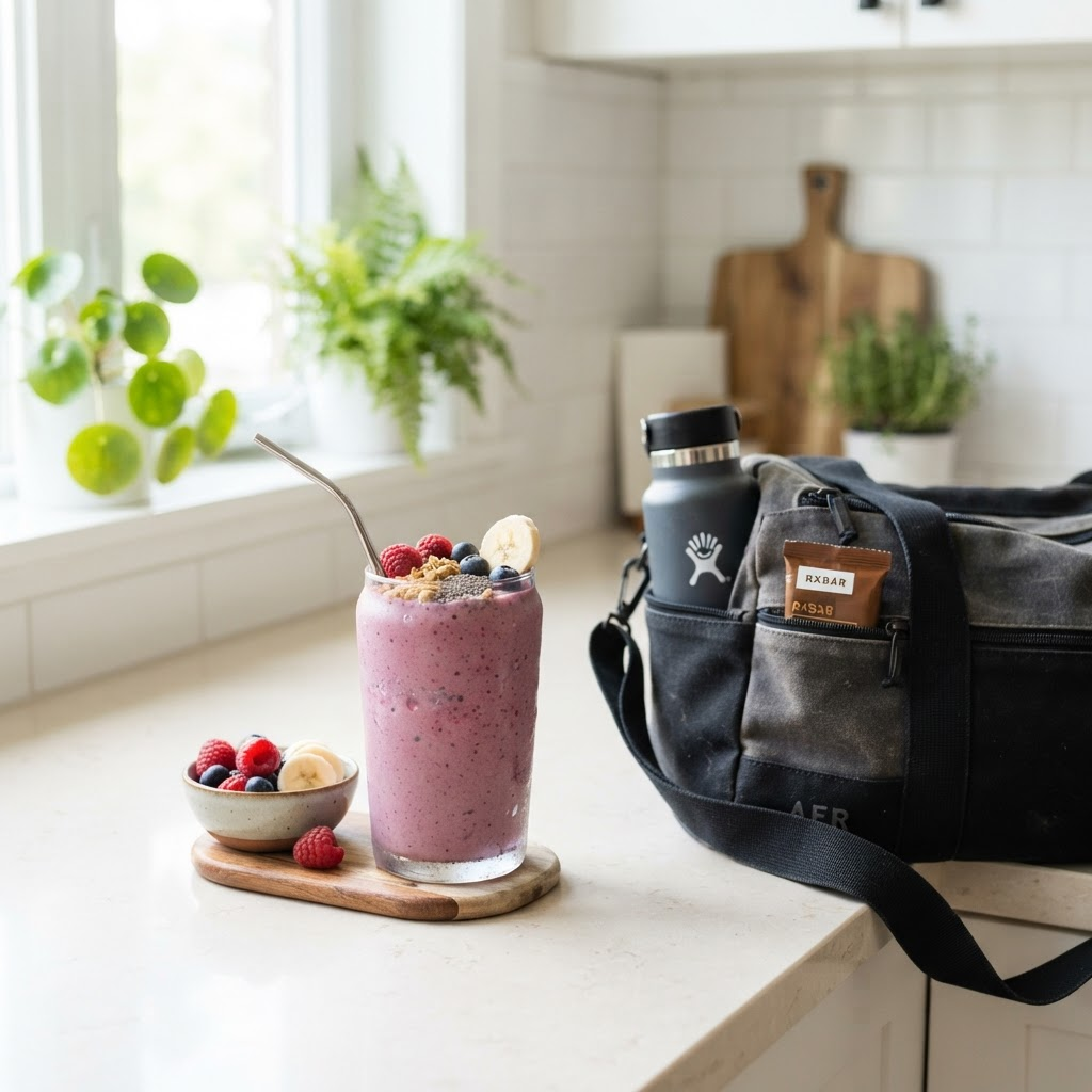 Protein smoothie with banana and berries on a kitchen counter