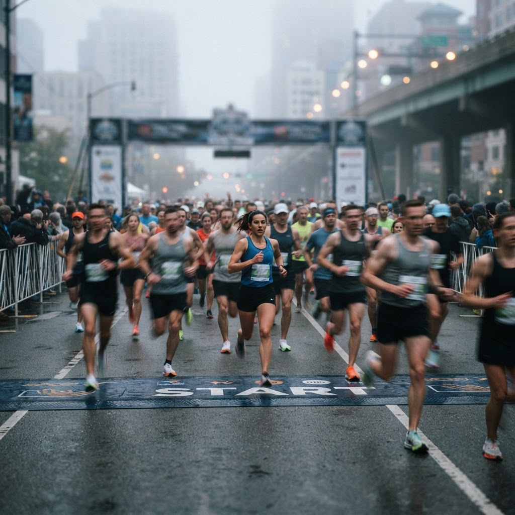 Runners crossing a city race start line