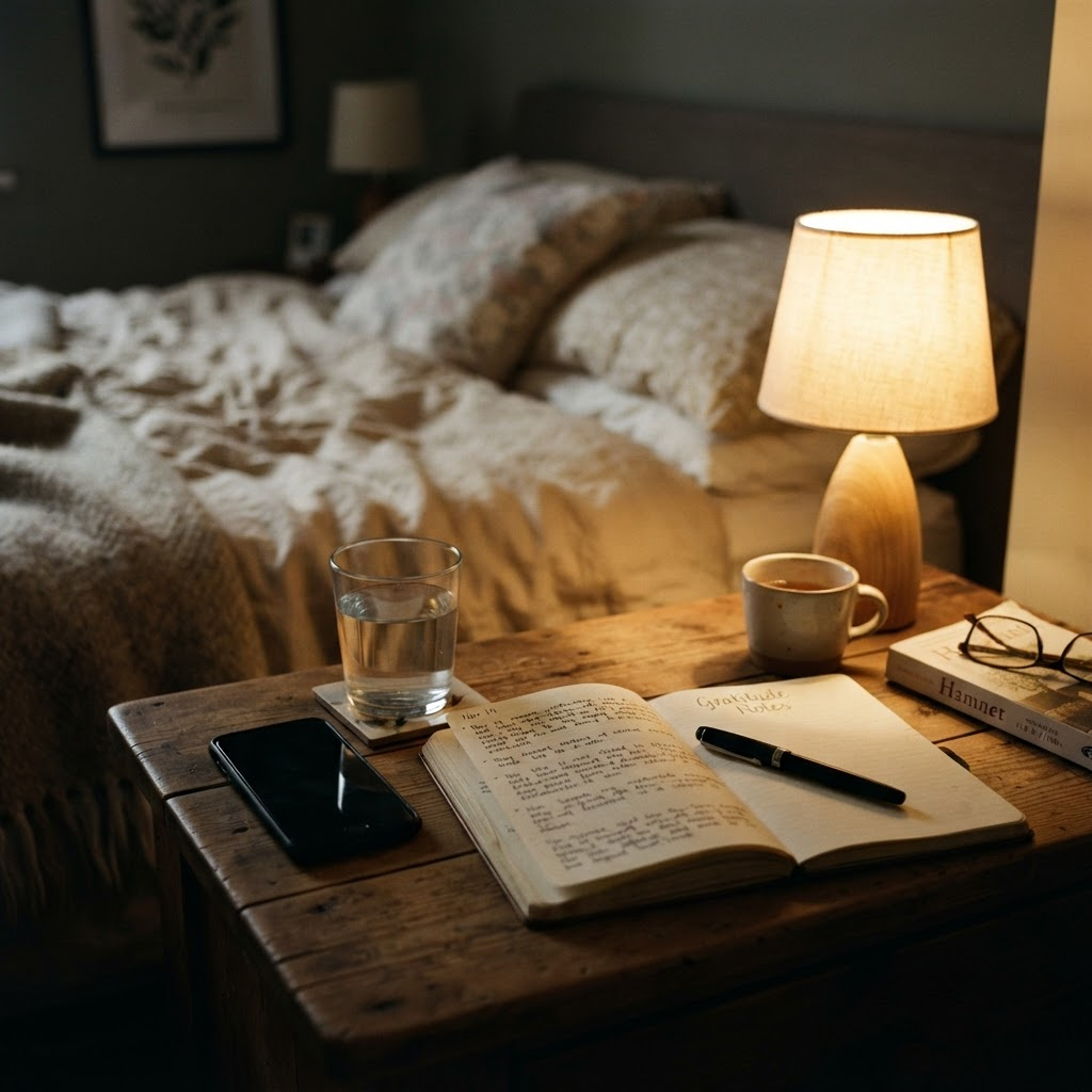 Cozy nightstand with a journal, lamp, and glass of water
