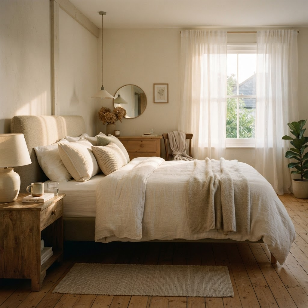 Softly lit bedroom in early morning light