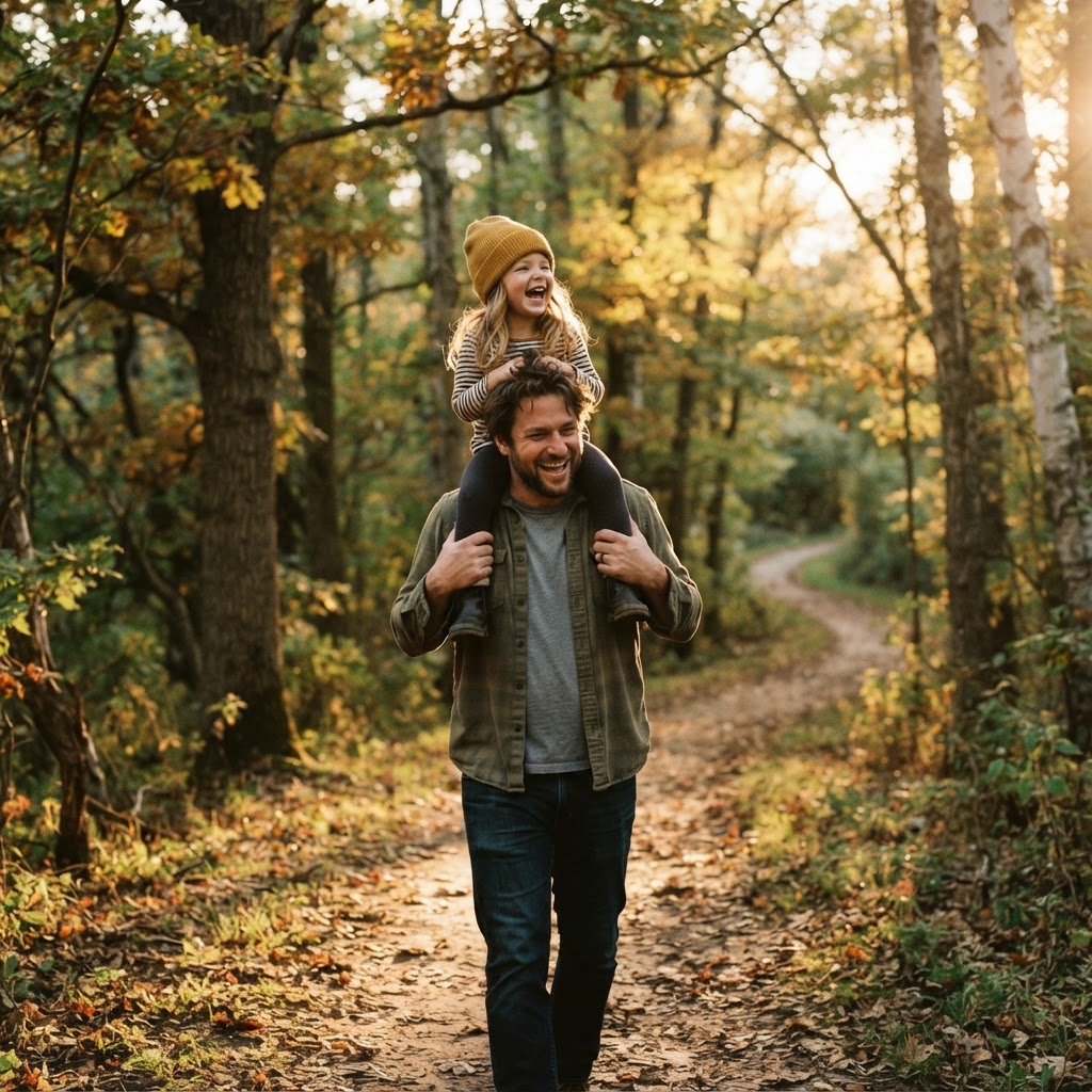 Parent carrying a child on their shoulders along a wooded trail at golden hour