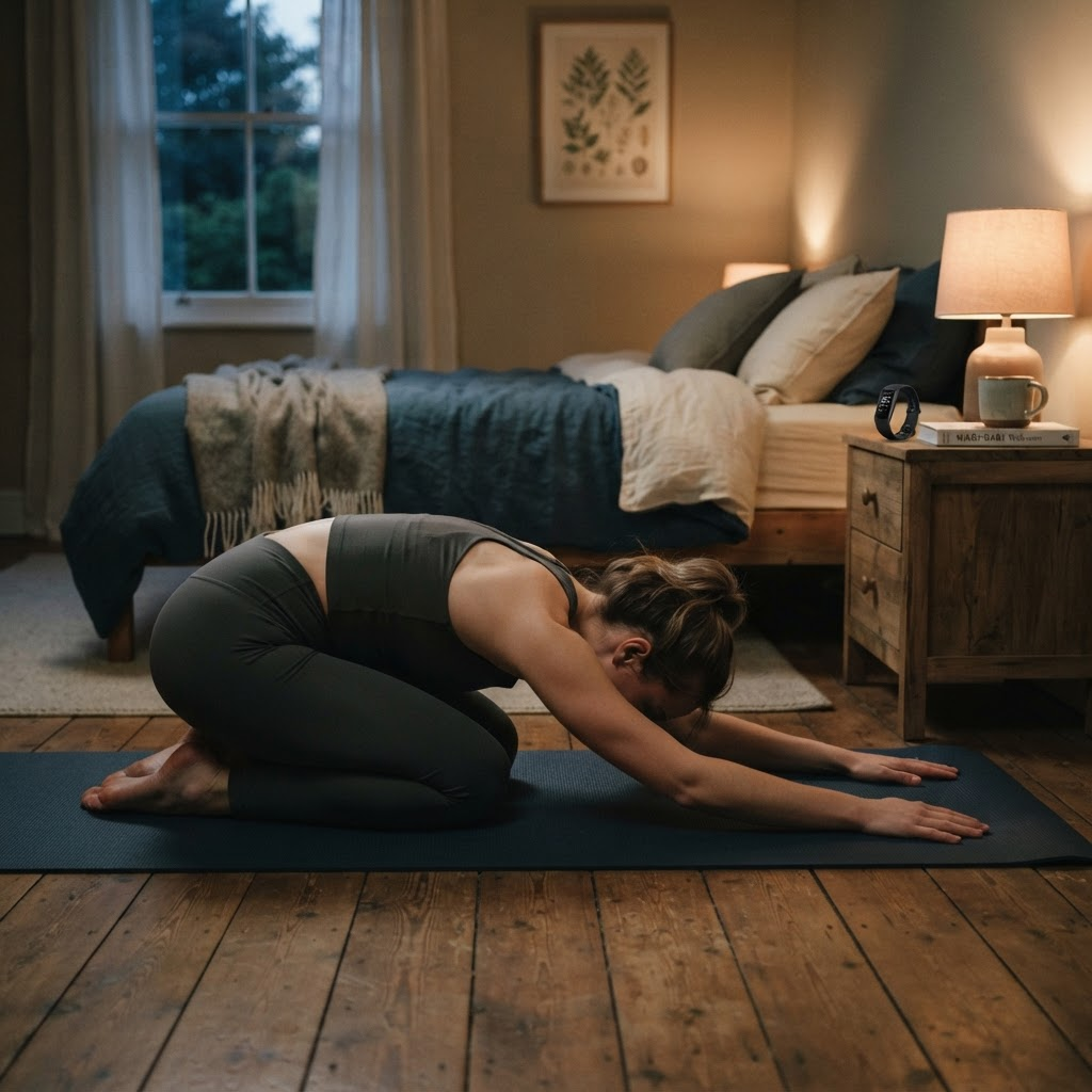 Person stretching on a yoga mat in a dim bedroom in the evening