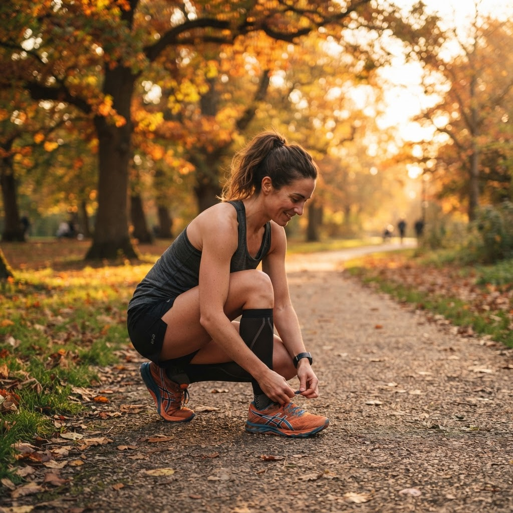 Athlete stretching outdoors during a recovery session